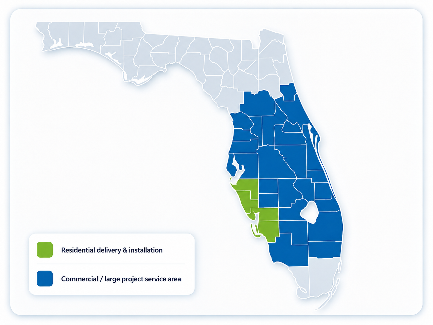 Florida county map showing AgriScape residential delivery and installation areas and commercial large project service areas.